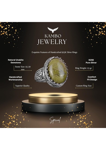 El Yapımı Unakite Taş Yüzük - 925 Ayar Sert Gümüş Erkek Yüzük - Sanatsal Tasarım fırsatları