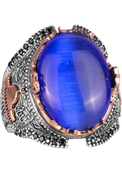 Yapay Navy Mavi Kedi Gözü Taşlı Yüzük, 925 Ayar Gümüş Taşlı Yüzük