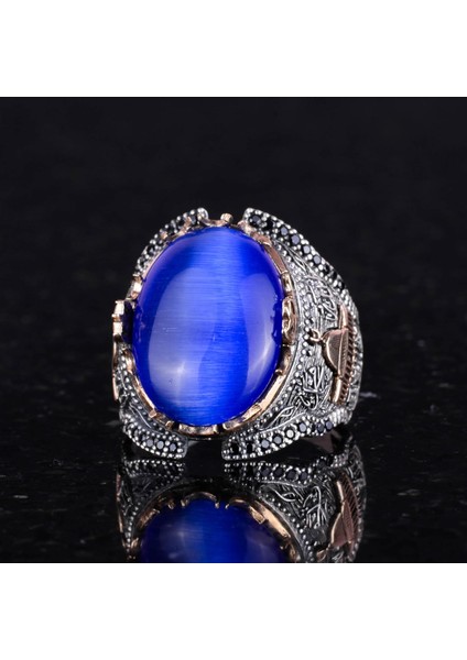 Yapay Navy Mavi Kedi Gözü Taşlı Yüzük, 925 Ayar Gümüş Taşlı Yüzük modelleri