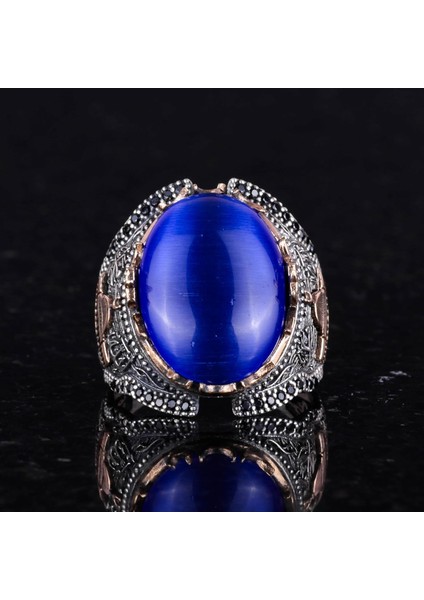 Yapay Navy Mavi Kedi Gözü Taşlı Yüzük, 925 Ayar Gümüş Taşlı Yüzük indirimleri