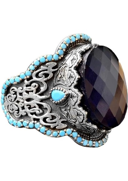 El Yapımı 925 Ayar Gümüş Erkek Yüzük Doğal Taş - Orta Doğu Kültürel Tasarımı (Oniks)
