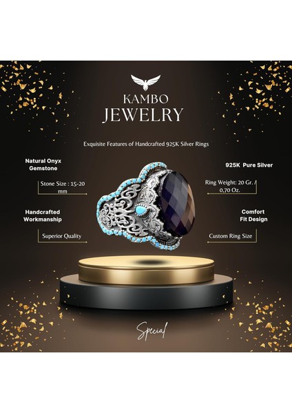 El Yapımı 925 Ayar Gümüş Erkek Yüzük Doğal Taş - Orta Doğu Kültürel Tasarımı (Oniks) fiyatları