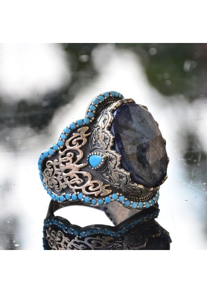El Yapımı 925 Ayar Gümüş Erkek Yüzük Doğal Taş - Orta Doğu Kültürel Tasarımı (Oniks) fırsatları