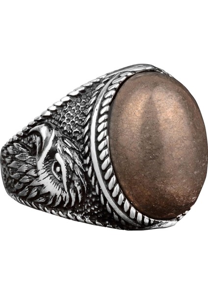 Doğal Pirit Taşlı Yüzük, Kartal Yüzüğü, 925 Ayar Gümüş Erkek Yüzüğü