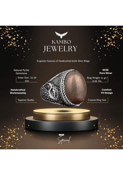 Doğal Pirit Taşlı Yüzük, Kartal Yüzüğü, 925 Ayar Gümüş Erkek Yüzüğü fiyatları