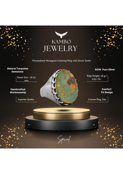 Erkekler Için Doğal Turkuaz Taş Yüzük, 925 Ayar Gümüş El Yapımı Klasik Stil, Şifa Kristali Takı (Stil-2) fiyatları