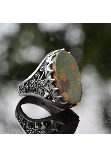 Erkekler Için Doğal Turkuaz Taş Yüzük, 925 Ayar Gümüş El Yapımı Klasik Stil, Şifa Kristali Takı (Stil-2) fırsatları