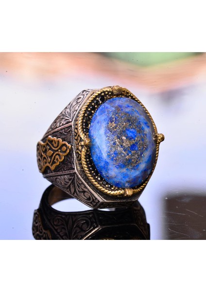 El Yapımı Vintage Tasarım Zümrüt Yüzük - 925 Ayar Gümüş Erkek Yüzük Altın Vurgularla (Sodalit) modelleri