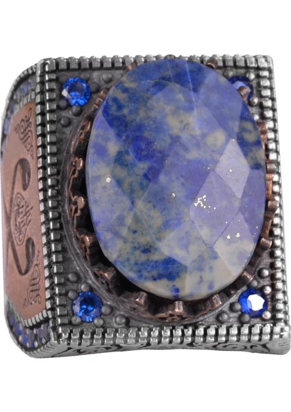 Doğal Sodalit Taş Yüzük - 925 Ayar Gümüş Islami Yüzük - El Yapımı Hat Yüzük