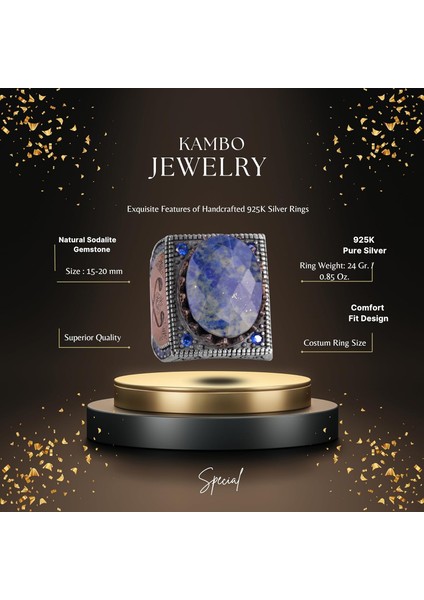 Doğal Sodalit Taş Yüzük - 925 Ayar Gümüş Islami Yüzük - El Yapımı Hat Yüzük fiyatları