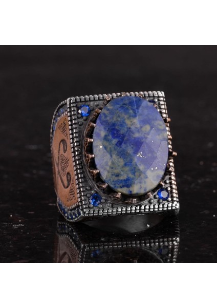 Doğal Sodalit Taş Yüzük - 925 Ayar Gümüş Islami Yüzük - El Yapımı Hat Yüzük indirimleri