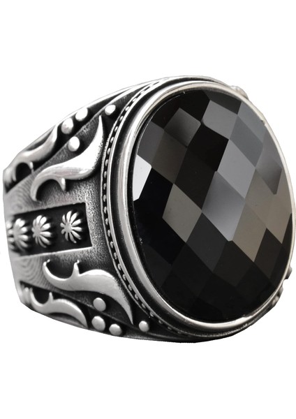 925 Ayar Gümüş Erkek Yüzük, Doğal Siyah Oniks Taşı, Karmaşık Etnik Tasarım, El Yapımı Gümüş Yüzük