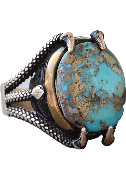 Doğal Arizona Turkuaz Taşlı 925 Ayar Gümüş Pençe Erkek Yüzük - Güç ve Denge Artırıcı