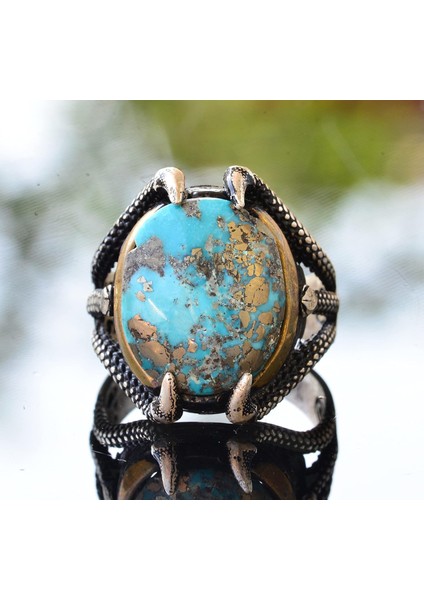 Doğal Arizona Turkuaz Taşlı 925 Ayar Gümüş Pençe Erkek Yüzük - Güç ve Denge Artırıcı fiyatları