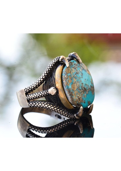 Doğal Arizona Turkuaz Taşlı 925 Ayar Gümüş Pençe Erkek Yüzük - Güç ve Denge Artırıcı fırsatları
