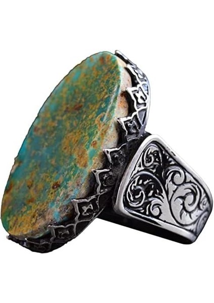 Büyük Turkuaz Taşlı Erkek Yüzük - El Yapımı 925 Ayar Gümüş Ifadesi Takı