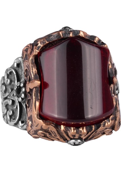 El Yapımı 925 Ayar Gümüş Erkek Yüzük - Farklı ve Özgün Tasarım (Yapay Granat)