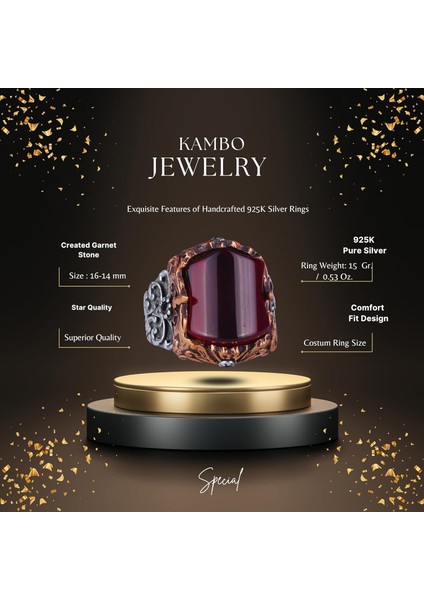 El Yapımı 925 Ayar Gümüş Erkek Yüzük - Farklı ve Özgün Tasarım (Yapay Granat) fiyatları