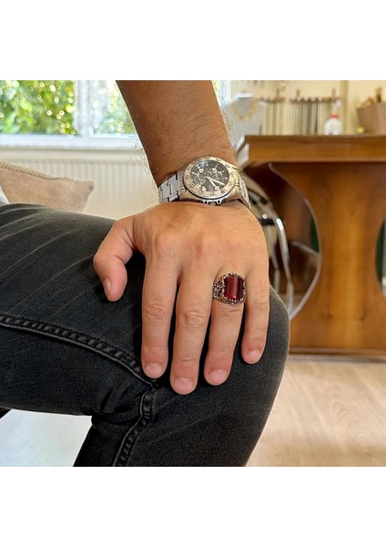 El Yapımı 925 Ayar Gümüş Erkek Yüzük - Farklı ve Özgün Tasarım (Yapay Granat) modelleri