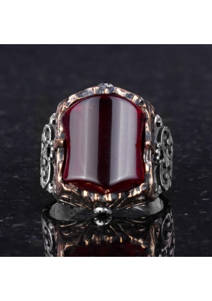 El Yapımı 925 Ayar Gümüş Erkek Yüzük - Farklı ve Özgün Tasarım (Yapay Granat) fırsatları