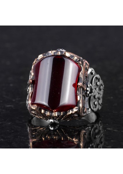 El Yapımı 925 Ayar Gümüş Erkek Yüzük - Farklı ve Özgün Tasarım (Yapay Granat) indirimleri