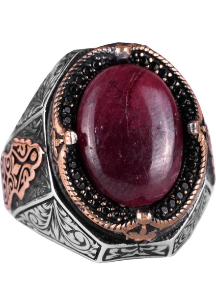 925 Ayar Katı Gümüş Yüzük, Doğal Cabochon Yakut Taşlı Yüzük Erkekler Için