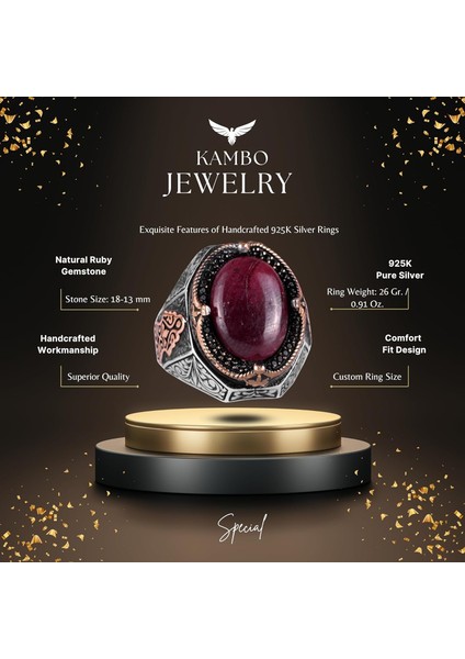 925 Ayar Katı Gümüş Yüzük, Doğal Cabochon Yakut Taşlı Yüzük Erkekler Için fiyatları