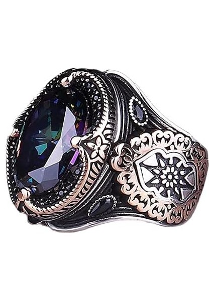 Erkekler Için Mystic Topaz Yüzük - El Yapımı 925 Ayar Gümüş Yüzük, Oluşturulmuş Mystic Topaz Taşı ile