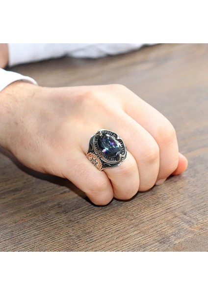 Erkekler Için Mystic Topaz Yüzük - El Yapımı 925 Ayar Gümüş Yüzük, Oluşturulmuş Mystic Topaz Taşı ile modelleri