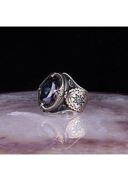 Erkekler Için Mystic Topaz Yüzük - El Yapımı 925 Ayar Gümüş Yüzük, Oluşturulmuş Mystic Topaz Taşı ile fırsatları
