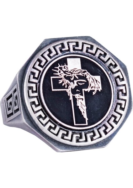 925 Ayar Gümüş Yüzük - Yunan Anahtar Deseni Erkek Yüzüğü - El Yapımı Yüzük