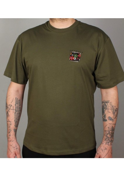 Etnik Detaylı Oversizekısa Kollu Haki T-Shirt