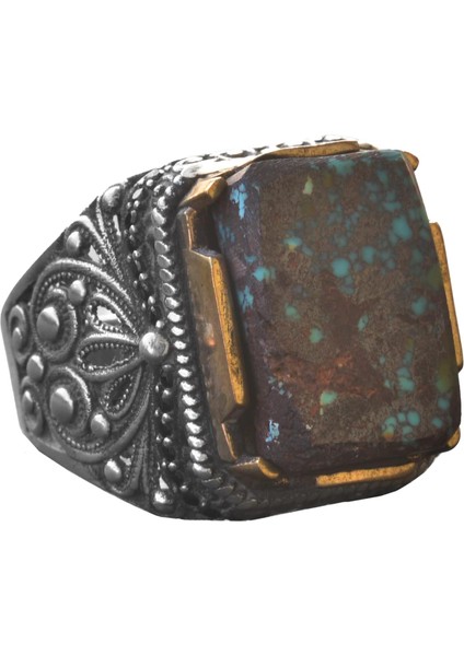 Doğal Turkuaz Taş Yüzük, Dikdörtgen Tasarım - 925 Ayar Gümüş Erkek Yüzük, El Yapımı Zarafet