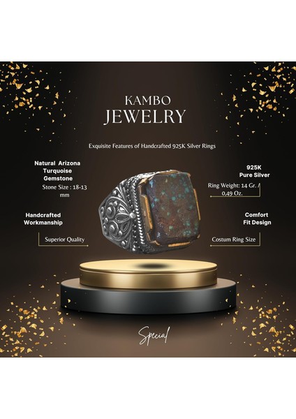 Doğal Turkuaz Taş Yüzük, Dikdörtgen Tasarım - 925 Ayar Gümüş Erkek Yüzük, El Yapımı Zarafet fiyatları