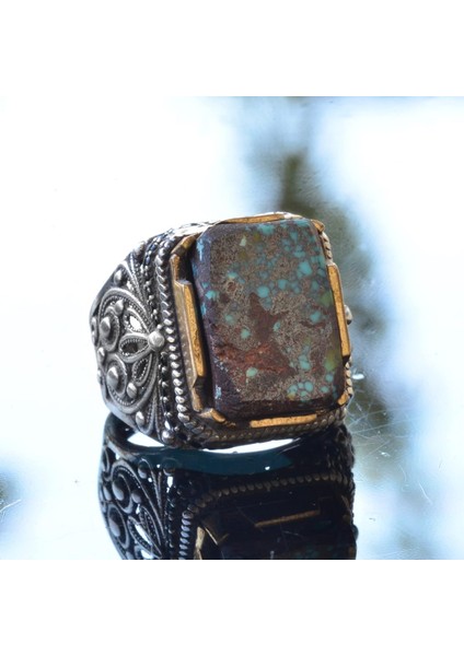 Doğal Turkuaz Taş Yüzük, Dikdörtgen Tasarım - 925 Ayar Gümüş Erkek Yüzük, El Yapımı Zarafet modelleri