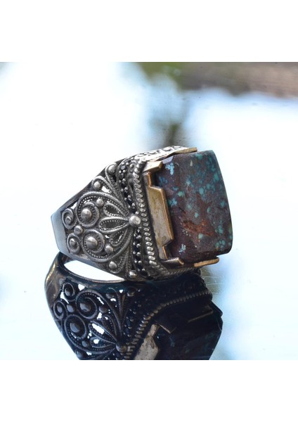 Doğal Turkuaz Taş Yüzük, Dikdörtgen Tasarım - 925 Ayar Gümüş Erkek Yüzük, El Yapımı Zarafet fırsatları