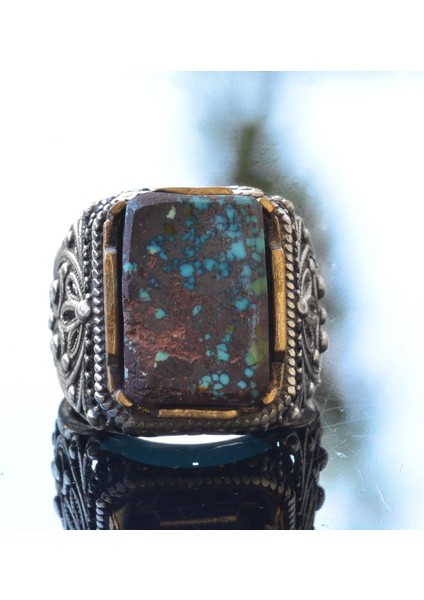 Doğal Turkuaz Taş Yüzük, Dikdörtgen Tasarım - 925 Ayar Gümüş Erkek Yüzük, El Yapımı Zarafet indirimleri