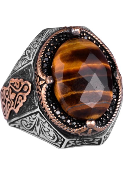 El Yapımı Doğal Kaplan Gözlü Taş Yüzük - 925 Ayar Katı Gümüş Erkek Yüzüğü, Cesur Tasarım