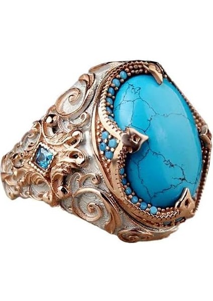 Erkekler Için Yapay Turkuaz Taş Yüzük, 925 Ayar Gümüş El Yapımı Detaylı Tasarım