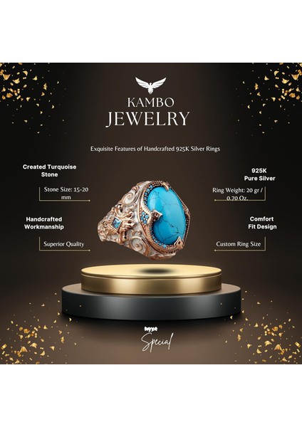 Erkekler Için Yapay Turkuaz Taş Yüzük, 925 Ayar Gümüş El Yapımı Detaylı Tasarım fiyatları