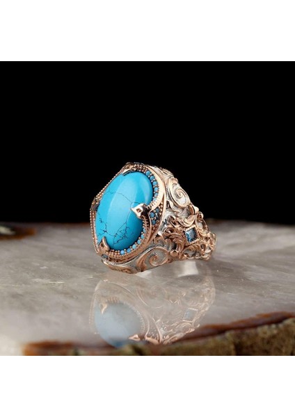 Erkekler Için Yapay Turkuaz Taş Yüzük, 925 Ayar Gümüş El Yapımı Detaylı Tasarım modelleri