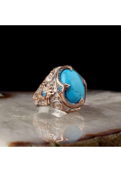 Erkekler Için Yapay Turkuaz Taş Yüzük, 925 Ayar Gümüş El Yapımı Detaylı Tasarım fırsatları