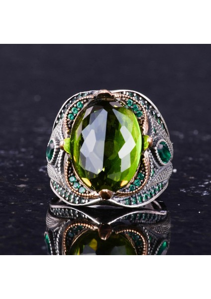 Peridot Yapay Taşlı Yüzük - 925 Ayar Gümüş Yüzük - El Yapımı Taş Takı - Gümüş Erkek Yüzüğü fırsatları
