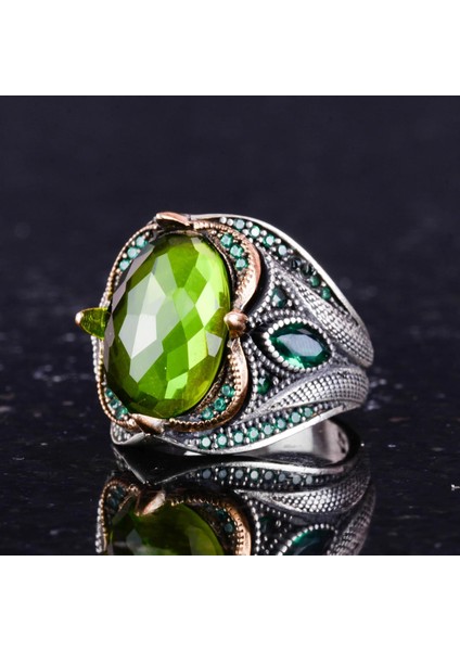 Peridot Yapay Taşlı Yüzük - 925 Ayar Gümüş Yüzük - El Yapımı Taş Takı - Gümüş Erkek Yüzüğü indirimleri