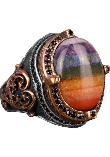 Gökkuşağı Doğal 7 Farklı Taşlı Gümüş Yüzük, 925 Ayar Gümüş Erkek Yüzük, Çok Renkli Gümüş Yüzük