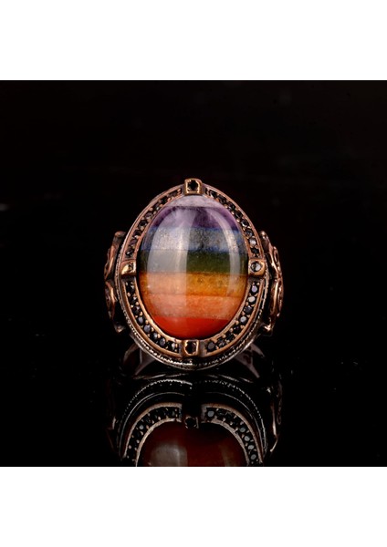 Gökkuşağı Doğal 7 Farklı Taşlı Gümüş Yüzük, 925 Ayar Gümüş Erkek Yüzük, Çok Renkli Gümüş Yüzük fiyatları