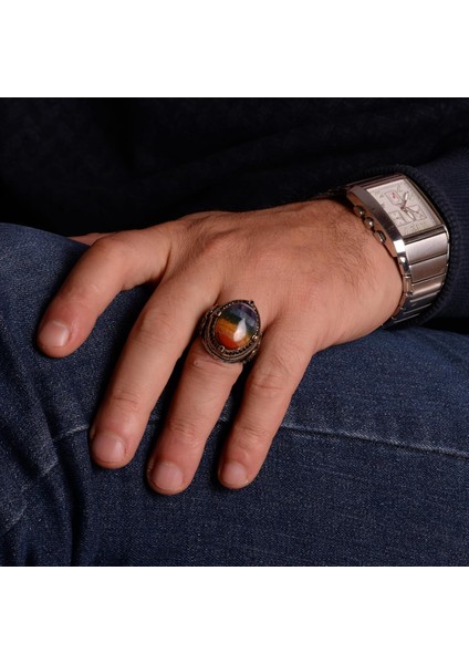 Gökkuşağı Doğal 7 Farklı Taşlı Gümüş Yüzük, 925 Ayar Gümüş Erkek Yüzük, Çok Renkli Gümüş Yüzük modelleri