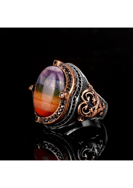 Gökkuşağı Doğal 7 Farklı Taşlı Gümüş Yüzük, 925 Ayar Gümüş Erkek Yüzük, Çok Renkli Gümüş Yüzük indirimleri