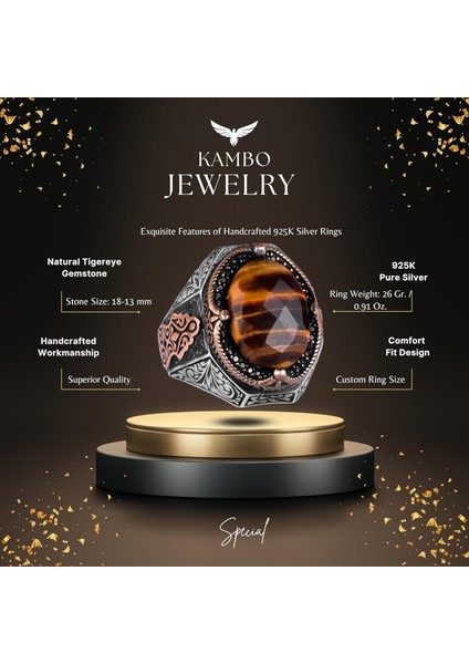 El Yapımı Doğal Kaplan Gözlü Taş Yüzük - 925 Ayar Katı Gümüş Erkek Yüzüğü, Cesur Tasarım fiyatları