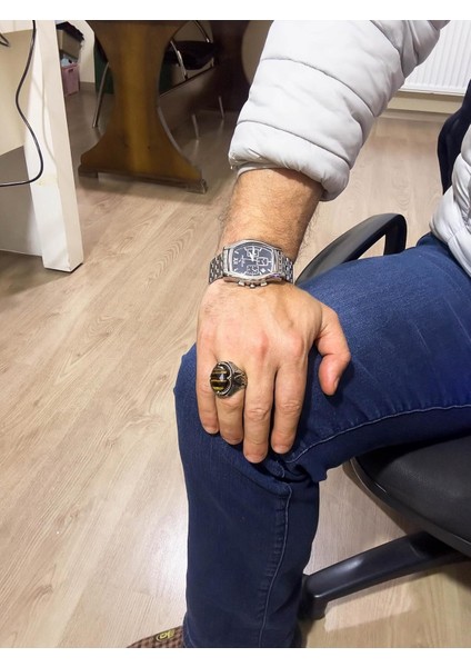 El Yapımı Doğal Kaplan Gözlü Taş Yüzük - 925 Ayar Katı Gümüş Erkek Yüzüğü, Cesur Tasarım modelleri